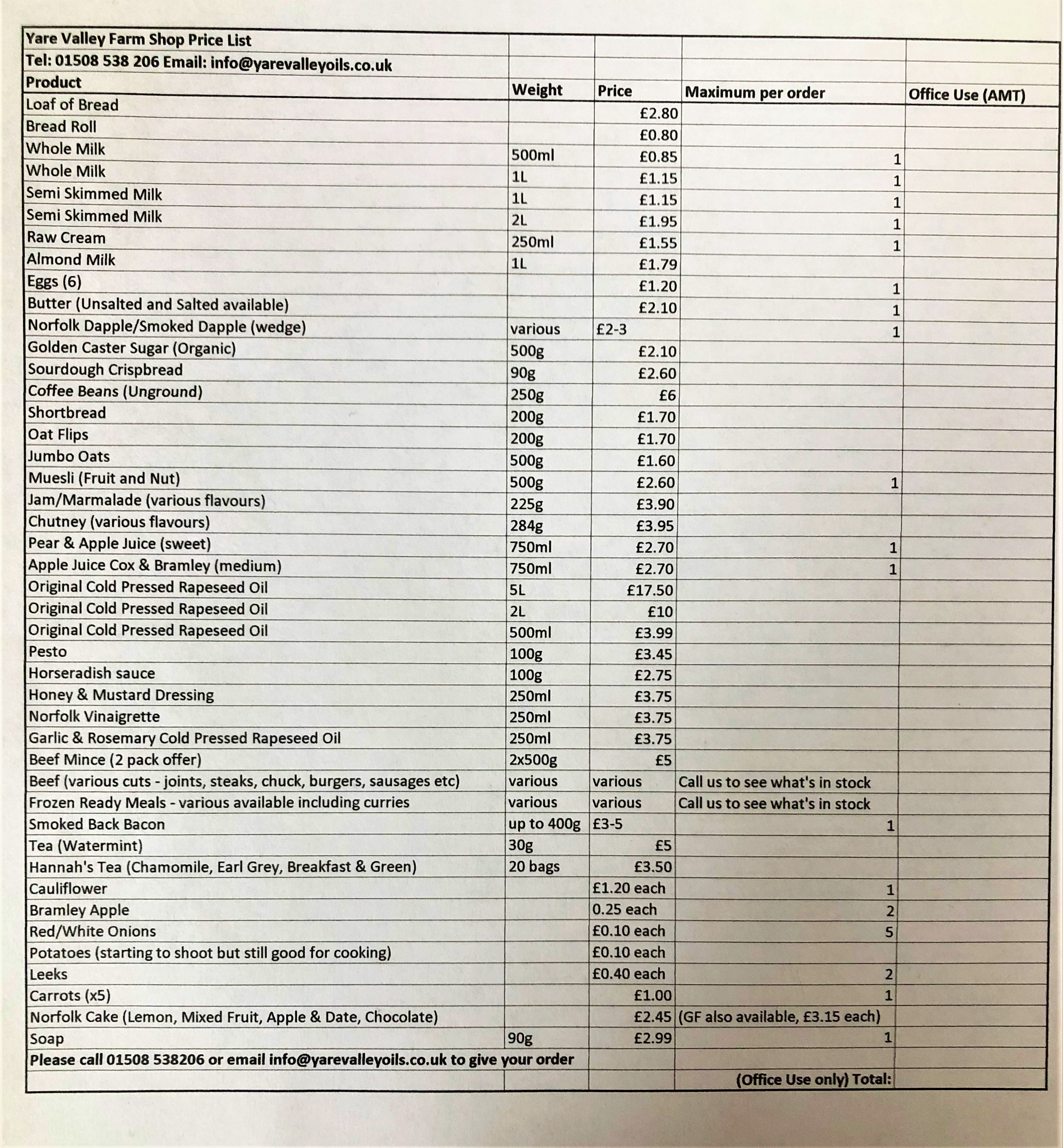 Farm Shop Price List - Orders
