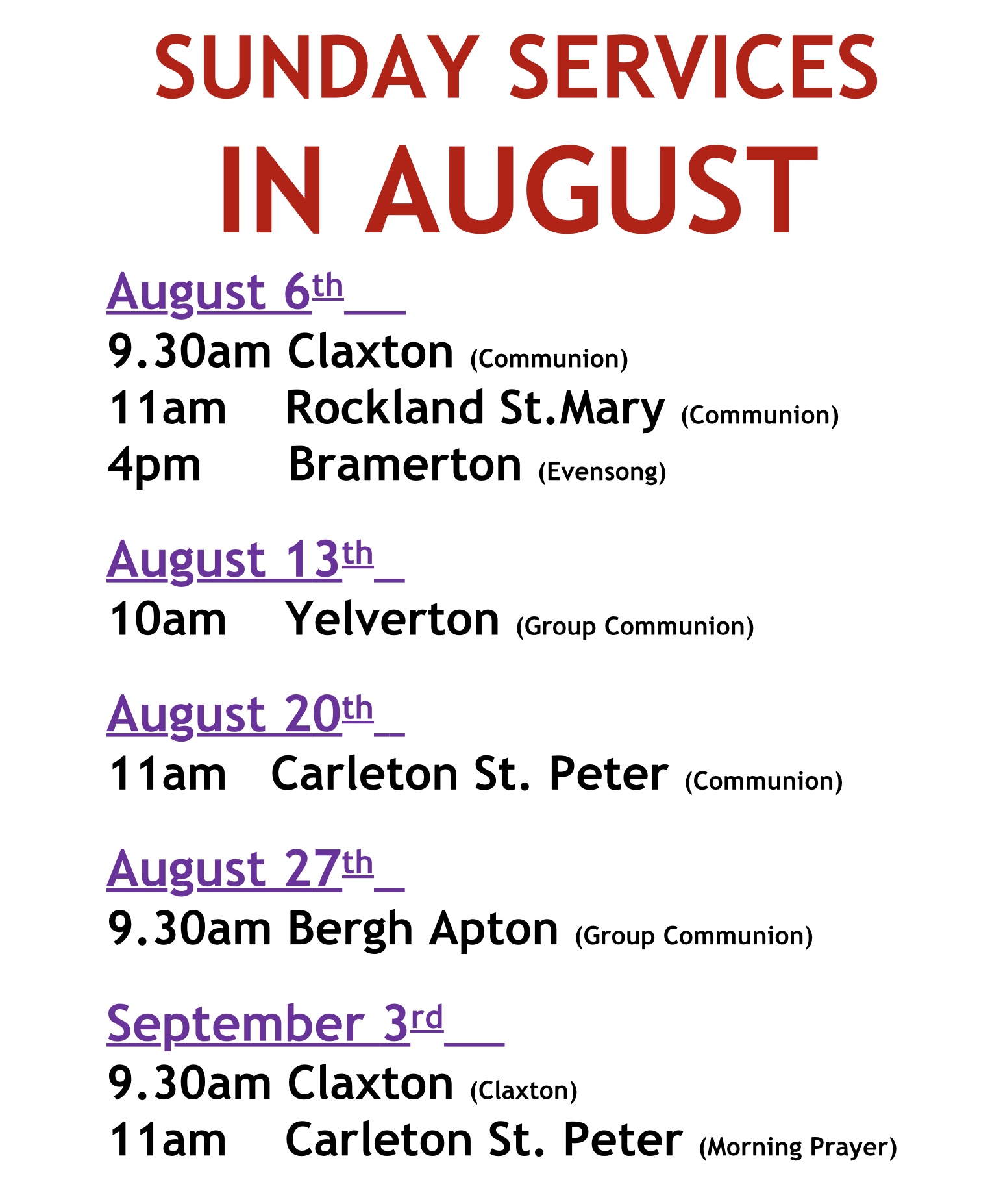 August Church Program Church services in August | Surlingham
